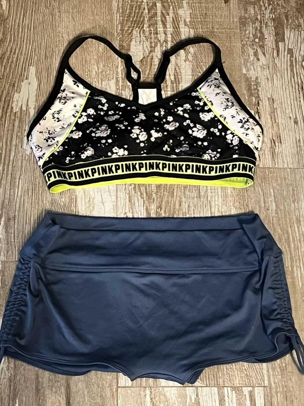 PINK💗VS Bikini! Gym to Swim Active Blue/White Multi Floral Top&Blue Bottom Sz-L!
